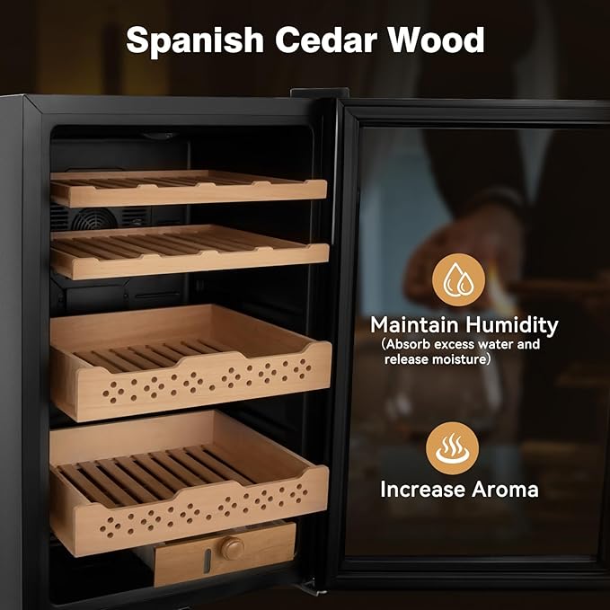 Electric Cooler Cabinet 70L with Temperature and Humidity Control, Spanish Cedar Wood Shelves and Safety Lock (500 Counts Capacity), Gift for Men - Image 4