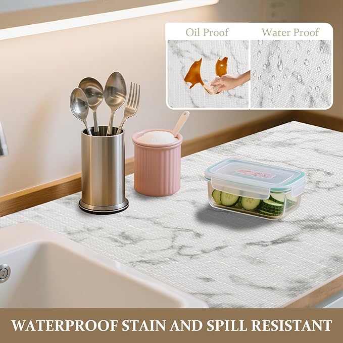 FINNEZ Drawer and Shelf Liner for Kitchen Cabinet Non Adhesive Non Slip 12in x 10FT, Heavy Duty Gripper Cabinet Liners, Waterproof No Residue Easy Cut with Measuring Tape & Cutter Tool (White Marble) - Image 3