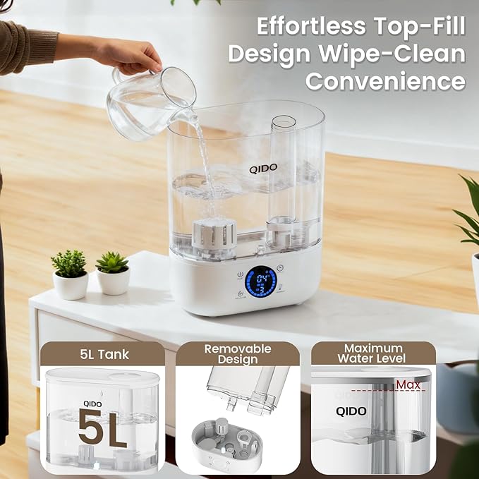 QIDO Top Fill Humidifiers for Bedroom, 5 L Cool Mist 36H Super Long Time, Quiet 28dB Essential Oil Diffuser for Baby & Plants, 3 Adjustable Mist with Touch/APP/7-color Nightlight, Auto Shut-off, White - Image 4