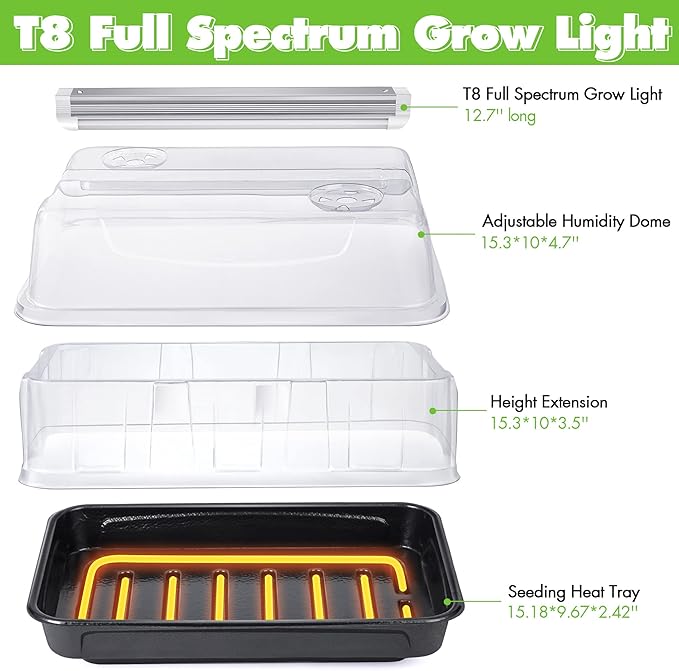 Saillong Seed Starter Tray with T8 Grow Light, Seedling Heat Tray with 15'' x 8.2'' Adjustable Height Humidity Domes, Plant Germination Propagation Kit for Planting Seeds, Mini Greenhouse Indoor - Image 2