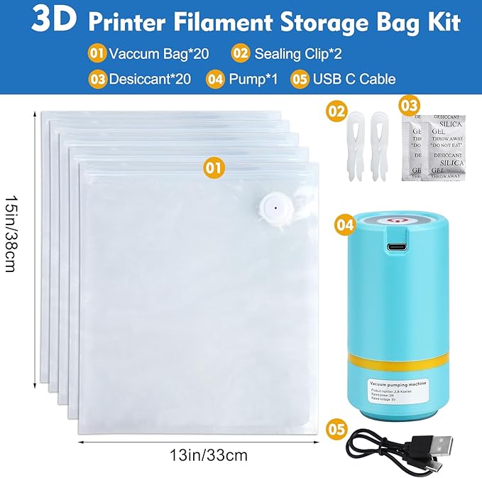 Upgraded PLA Filament Storage Bags Kit with USB-C Pump,20 Large Vacuum Bags(13x15 inch)+20pcs Desiccant,Dust Proof & Humidity Resistant Ideal for 3D Printer Filament Storage (20 bags+auto pump) - Image 2