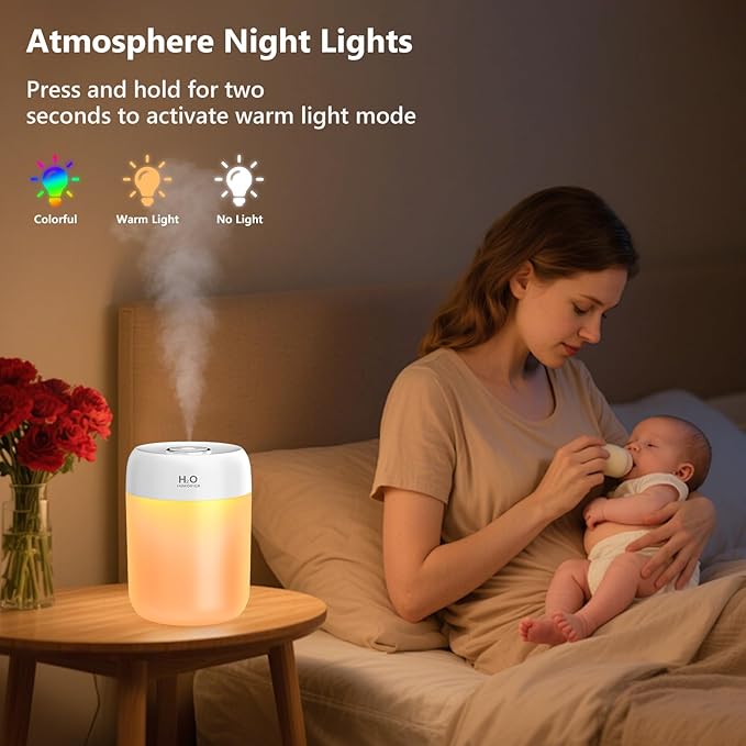 FUWANG Portable Mini Humidifier, 650ml Small Cool Mist Humidifier, USB Personal Desktop Humidifiers for Bedroom Travel Office Home Car Indoor Plants, 2 Mist Modes Quiet, Auto Shut-Off, White - Image 3