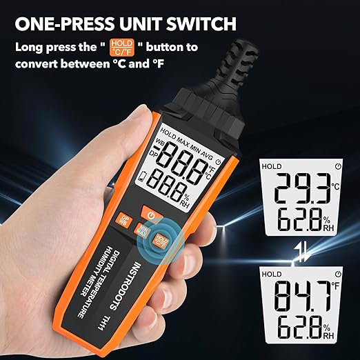 Temperature Humidity Meter, High Precision Digital Hygrometer with Ambient, Dew Point, Wet Bulb Temperature for Indoor Outdoor, Thermometer with Min/Max, Data Hold, LCD Backlight, TH11 - Image 6
