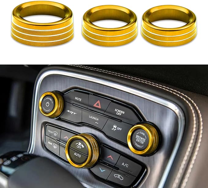 3PCS Air Conditioner Switch Button Knob Cover, Auto Accessories Climate Control Knob Covers, Aluminum Alloy Knob Ring Trim Cover Compatible with Dodge Challenger Durango 2015-2022 (Gold) by Unknown