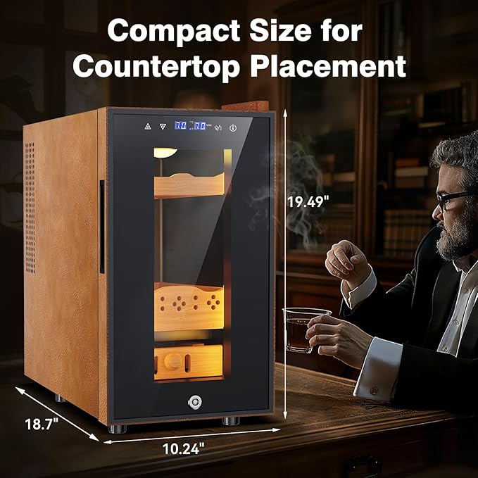 Electric Cooler Cabinet 25L with Temperature and Humidity Control, Leather Finish, Spanish Cedar Wood Shelves and Safety Lock (200 Counts Capacity), Gift for Men - Image 2