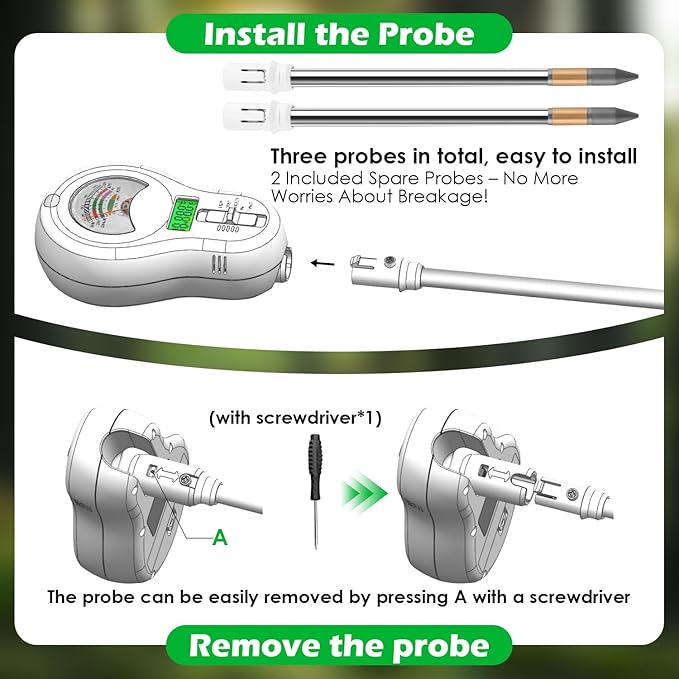 6-in-1 Soil Test Kit with 3 Replaceable Probes, Soil Tester for Gardening, Plant Water Meter, Soil pH Tester for Soil Fertilizer, Sunlight & LCD Display Air Temperature Humidity Sensor - Image 6