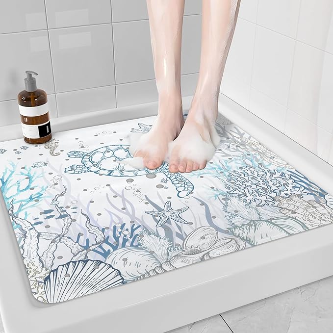 Sea Turtle Square Anti Slip Shower Mats for Inside Shower Accessories, Cute Bath Mats for Bathroom Non Slip Shower Floor Mat Decor Rubber Bathmat With Suction and Drain Holes Machine Washable, 21″X21″ - Image 5