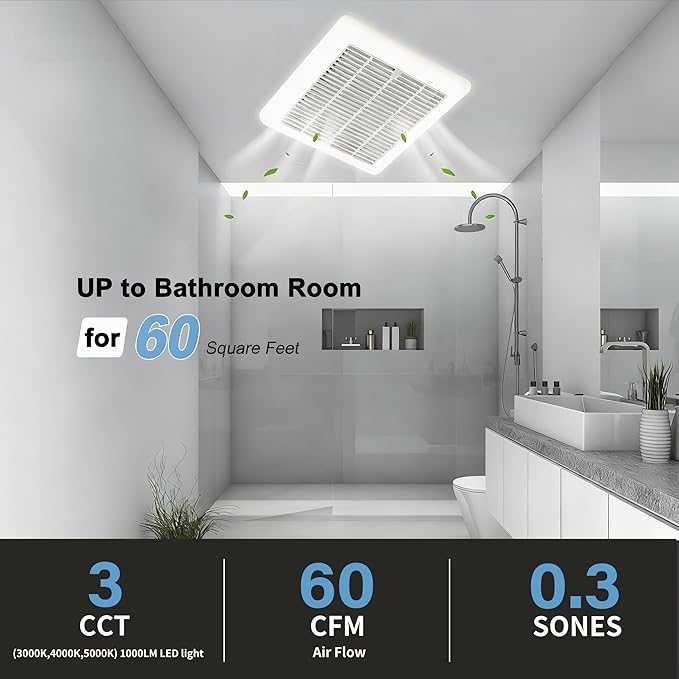 Tech Drive Bathroom Exhaust Fan with Light - 60 CFM, 0.3 Sone, 1000lm Dimmable 3CCT Selectable LED Light, Easy to Install Super Quiet Ventilation Fan, 4-Inch Duct, Light Grille Combo, White - Image 7