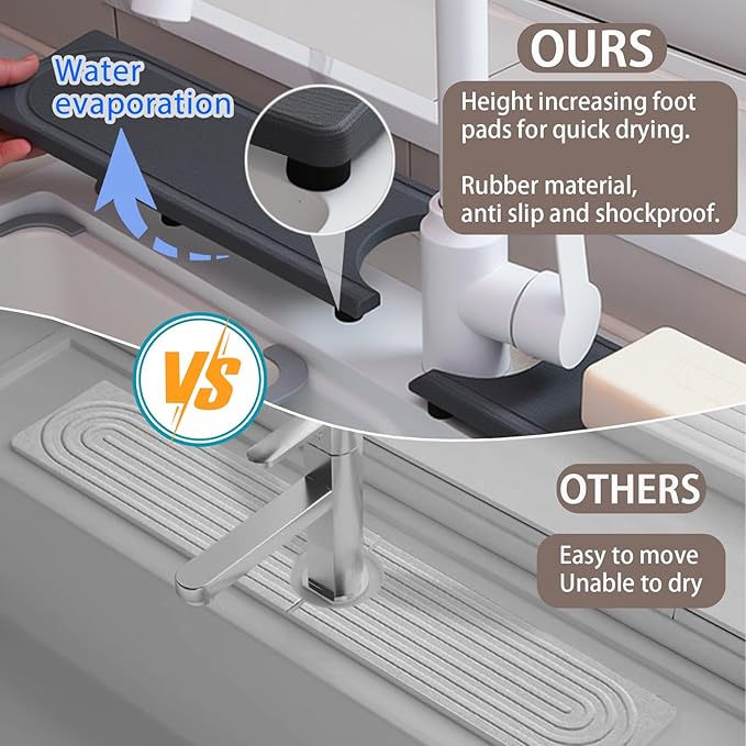 Faucet Mat for Kitchen Sink with Raised Feet, Fast Drying Diatomite Stone Sink Tray, Water Absorbent Faucet & Sink Splash Guard, Prevents Moisture Buildup, Durable Protector for Bathroom Counter - Image 8