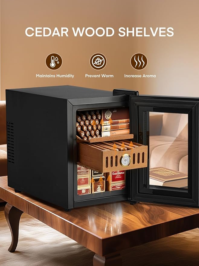FOHERE Cigar Humidor Electric 18L with Temperature Control, Cigar Cooler with Humidity Control, Spanish Cedar Wood Shelves and Thermometer(190 Counts Capacity), Gift for Businees Partner - Image 5