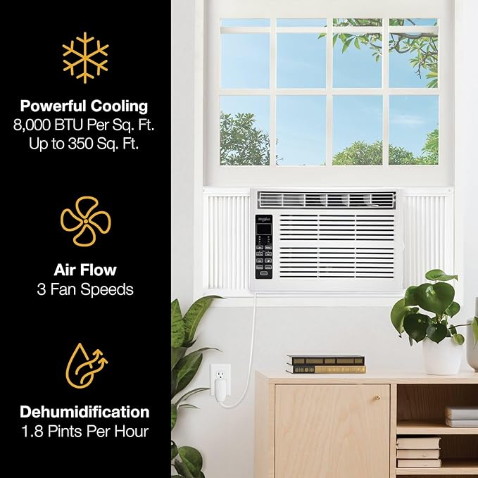 Whirlpool 8,000 BTU Window Air Conditioner with Dehumidifier, 115V, Window AC for Rooms up to 350 Sq. Ft., Living Room, Bedroom, or Apartment, with 3 Speeds, Remote Control, and 24H Timer, White - Image 4