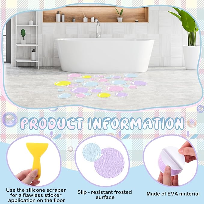 32 Pcs Cute Non Slip Bathtub Stickers for Shower Colorful Bathroom Anti Slip Shower Stickers Floor Applique Adhesive Decals with Scraper for Bathtub Bathroom Floor Pools(Bubble) - Image 3