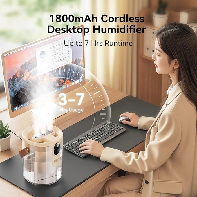 Rechargeable Portable Top Fill Humidifier, Smart Humidifiers for Bedroom, Night Light, 1.4L Cool Mist Humidifier for Office Home Plant Baby, 3-Speed Mist Control, Quiet, Auto Shut-Off (Beige) - Image 3