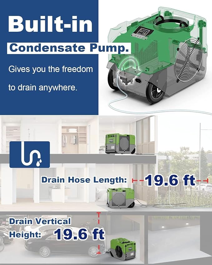ALORAIR 264 PPD LGR Commercial Dehumidifier with Pump, Up to 3,000 Sq.Ft Industrial Dehumidifier, Portable, for Water Damage Restoration, Basement, Crawl Space, 5 Years Limited Warranty, Green - Image 4