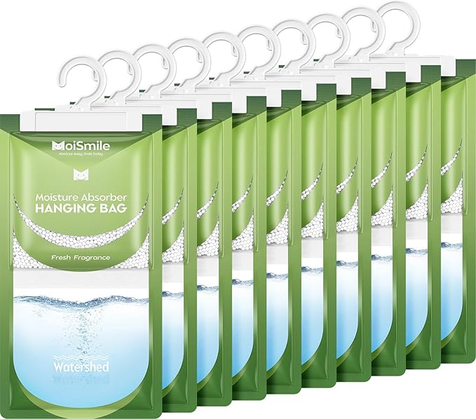 Moisture Absorbers 10 Pack Fresh Fragrance, Hanging Closet Dehumidifier Bags, Humidity Absorber, Compact Eliminates Odors Humidity Packs for Car, Bathroom, Bedroom, Basement, 9.8OZ by MoistureAbsorbers