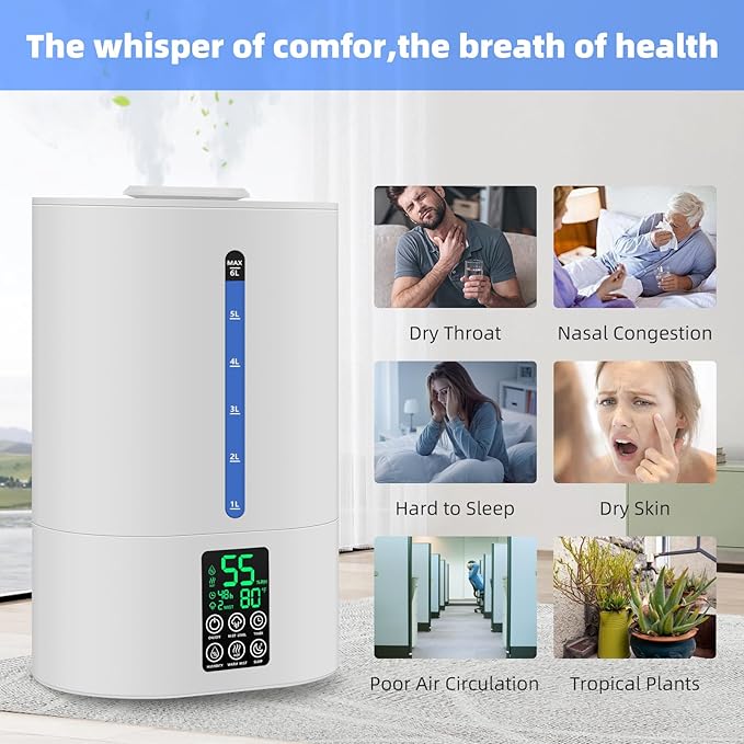 6L Humidifiers for Bedroom Large Room Home, Cool and Warm Humidifier for Baby and Plants Mist Top Fill Desk Humidifiers Essential Oil Diffuser, Quiet with Adjustable Mist,360°Nozzle-White - Image 5