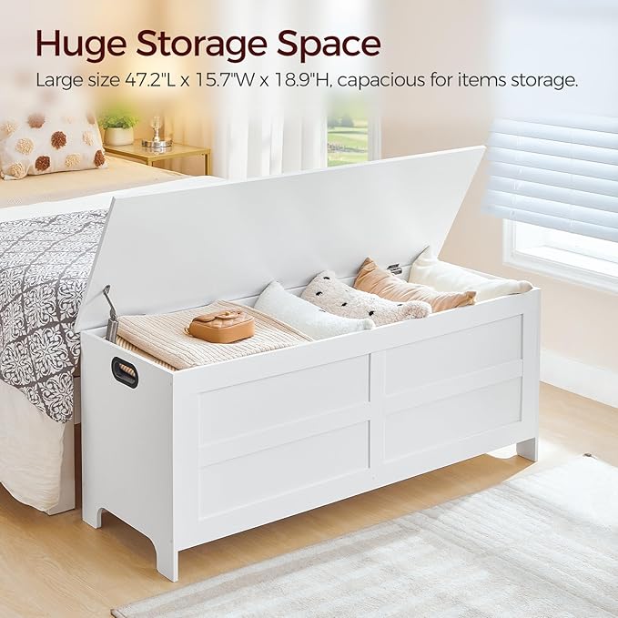 Storage Chest, 47.2” Large Toy Chest, Entryway Storage Trunk, Storage Bench with Safety Hinge, Entrance Bench for Living Room, Entrance, Bedroom, White SCWT48901 - Image 4