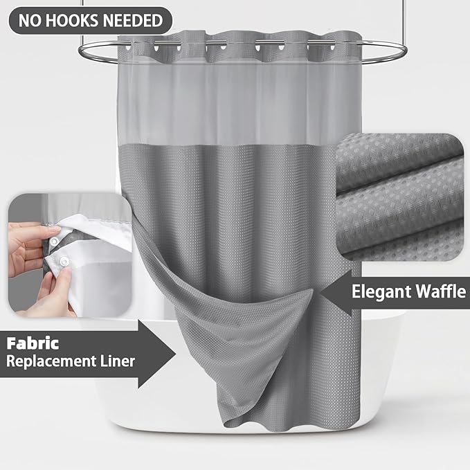 Grey Shower Curtain and Liner Set,230GSM Waffle Weave Textured Heavy Duty Hotel No Hook Shower Curtain 75" L x 72" W - Image 5