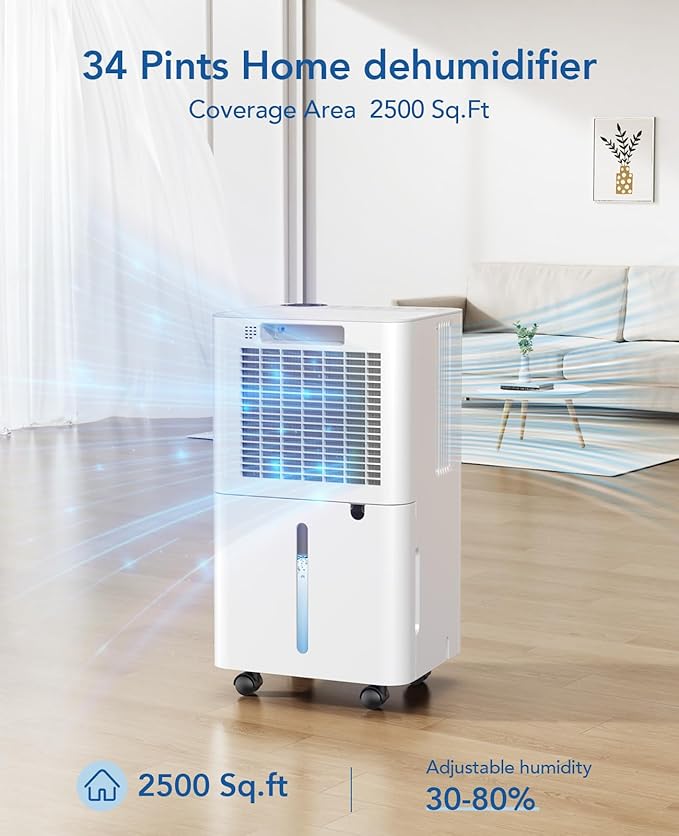 2500 Sq.Ft Dehumidifier for Basement with Drain Hose Max 34 Pints, Dehumidifiers for Home Large Room Bathroom Bedroom, 3 Modes, Smart Humidity Control, Auto Defrost, 24H Timer, Sleep Mode - Image 2