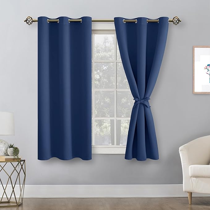 Hiasan Short Blackout Curtains for Bedroom - Thermal Insulated & Energy Saving Window Curtains for Living Room, 2 Drape Panels Sewn with Tiebacks, Navy, 42 x 45 Inch - Image 2