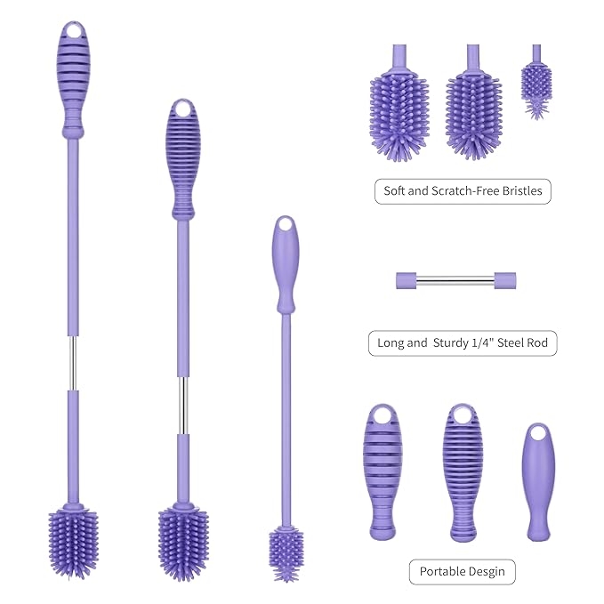 A-Brush Silicone Bottle Cleaner Brush, 3 Piece Set, Long Handle - Water Bottle Cleaner, Baby Bottle Nipple Brush for Plastic & Glass, BPA-Free Dish Washing Brush A2S Protection - Image 3