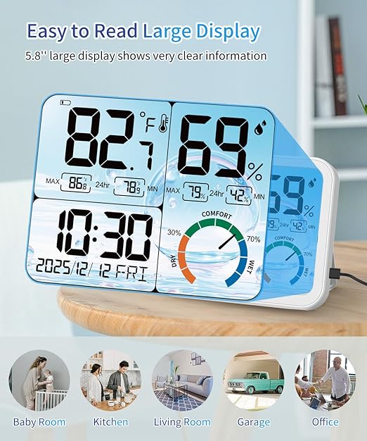 VOCOO 5.8" Large Display Indoor Thermometer Hygrometer - Backlight LCD with Comfort Indicator, Max/Min Records, Clock & Calendar, Dual Power (USB/Battery), Wall Mount or Tabletop - Image 6