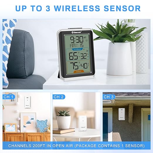 Geevon Wireless Indoor/Outdoor Thermometer & Hygrometer, Digital Temperature & Humidity Sensor with Time, Clock, 200ft/60m Range, 3.8‘’ Large Display - Image 5