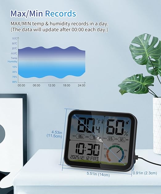 VOCOO Digital Indoor Room Thermometer - 5.8'' Extra Large Display Temperature Humidity Sensor with Accurate Temp Humidity Gauge Monitor, Calibration, Max & Min Records, Comfort, Backlit, Date & Clock - Image 8