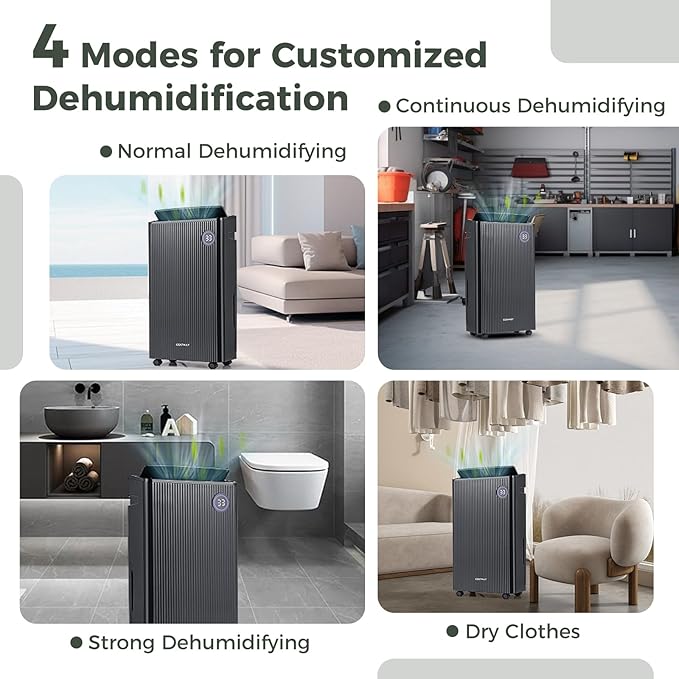 COSTWAY 4,500 Sq. Ft Dehumidifier for Basement, 3-Color Humidity Indicator, Dry Clothes Mode, 12" Drain Hose & Wheels, 57 Pints Dehumidifier for Large Room (Black) - Image 6