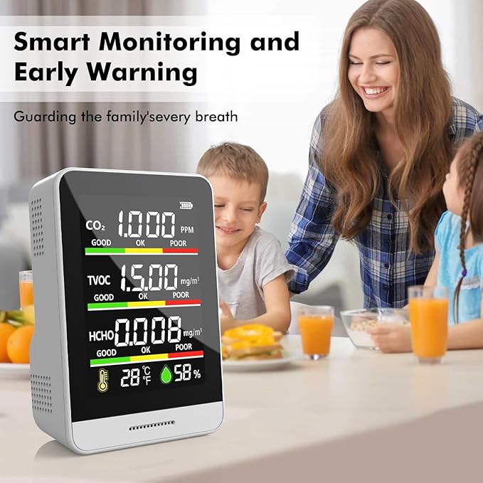 Air Quality Monitor Indoor,8-in-1 Smart Air Quality Tester with CO2, TVOC, HCHO, AQI, Temperature & Humidity, Real Time Display, Battery Powered, for Home & Office (White) - Image 3