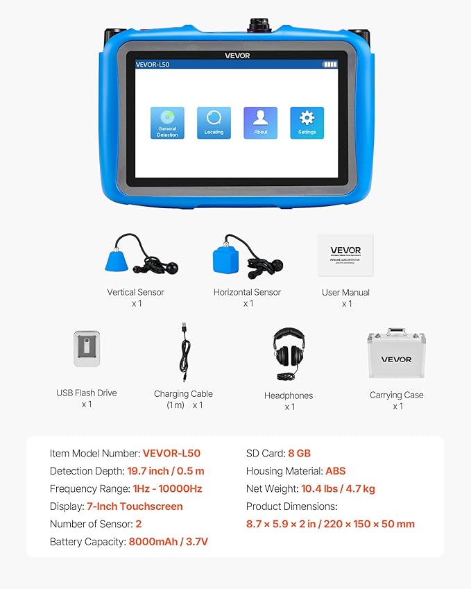 VEVOR Pipe Water Leak Detector for Indoors, 1Hz-10000Hz, 7" Touchscreen Plumbing Water Leakage Detection Locator with Horizontal & Vertical Sensors, Headphones, 8GB SD Card & Carry Case for Home Use - Image 7
