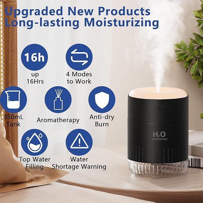 Colorful Mini Humidifier, USB Rechargeable Humidifier, small humidifier, 4 Modes Super Quiet, Humidifiers For Bedroom,Suitable For Travel Office Family Baby Bedroom-Black - Image 2