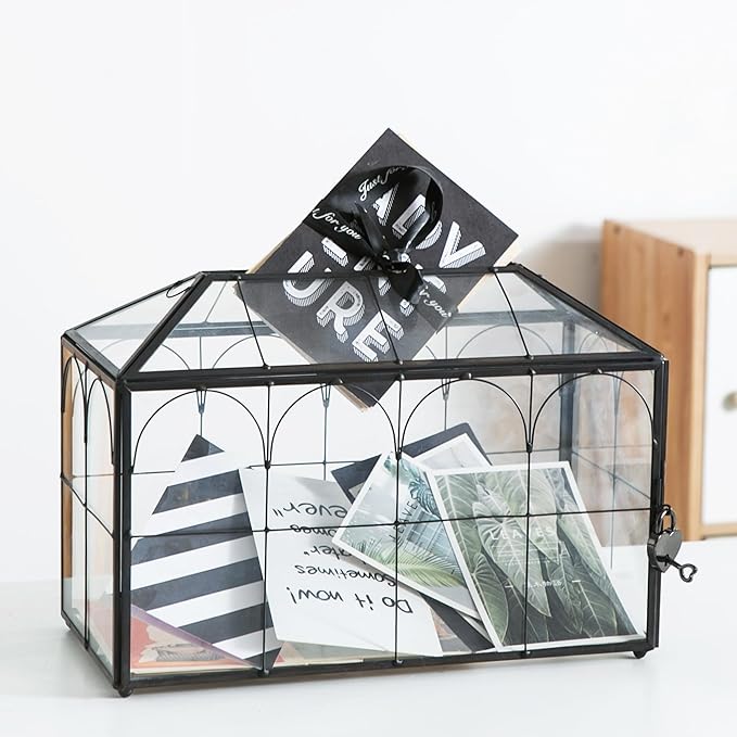 Wedding Card Box with Slot, 12.6'' Large Glass Card Boxes for Reception, Black Geometric Holder, Clear Decorative Storage Box with Lock for Baby Shower, Birthday Party, Christmas by Unknown