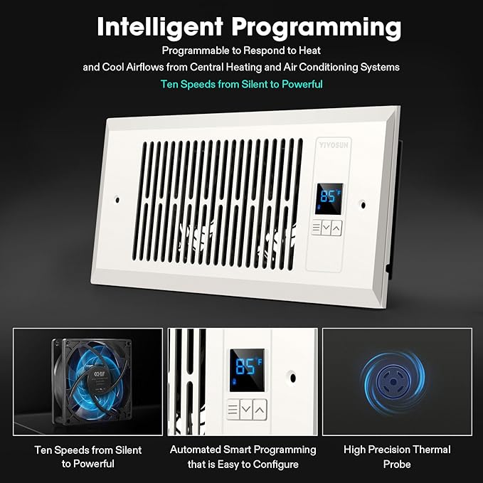 VIVOSUN Quiet Register Booster Fan for " " Holes, Cooling Heating Vent with Intelligent Thermostat Control, 10-Speeds Increase Airflow Booster Fan for Bedroom & Attic, Matte White - Image 5