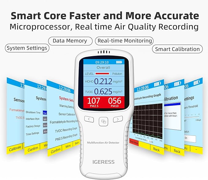 Air Quality Monitor Indoor, 8 in 1 Formaldehyde Detector, voc Meter, Detect Indoor HCHO,TVOC,AQI,PM2.5,PM10,PM1.0,Temperature and Humidity Tester. Colorful LCD Screen & USB Charging (White) - Image 2