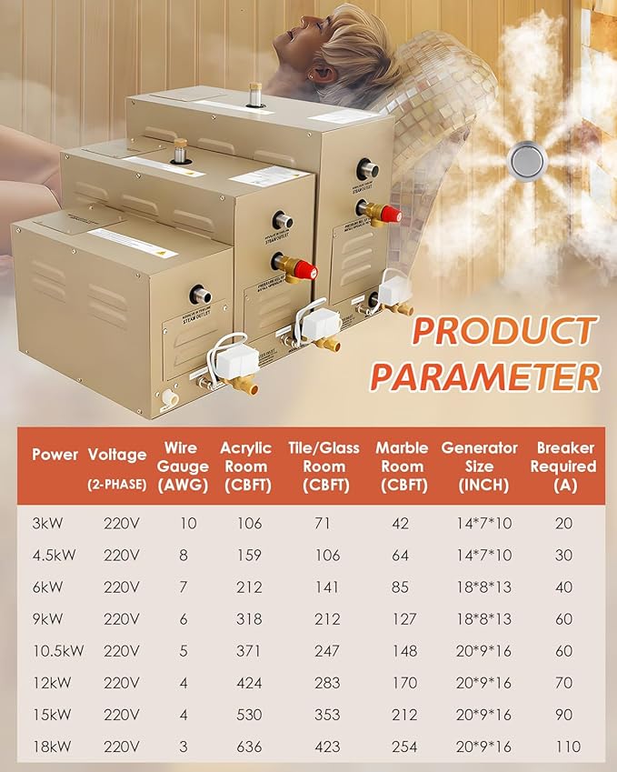Steam Shower Generator Kit 3KW for Bath Sauna SPA, Self-draining System, Aromatherapy Steam Head, LED Waterproof Controller, 12-Hour Timer 77-131℉ For Home Commercial Use - Image 6
