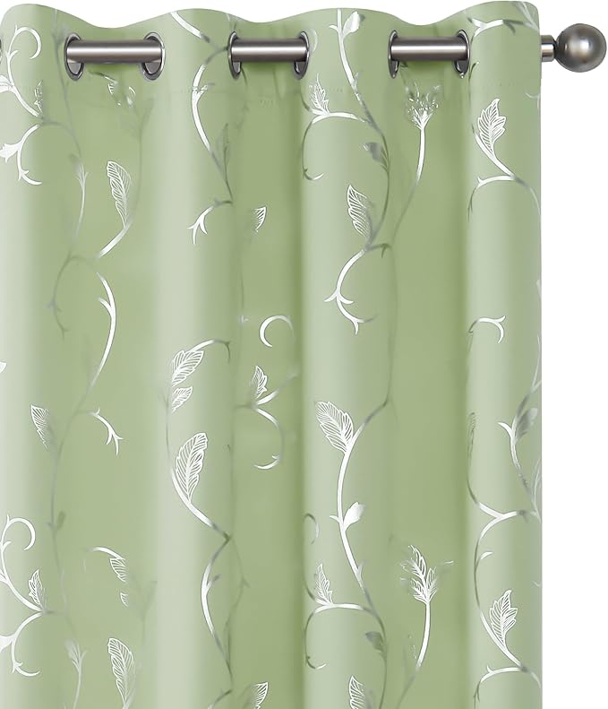BUHUA Blackout Curtains Silver Foil Print Flower Vine Grommet Drapes, Room Darkening Thermal Insulated Curtains, Noise Reducing Curtain for Bedroom, Grass Green, 52Wx72L, 2 Panels by BUHUA