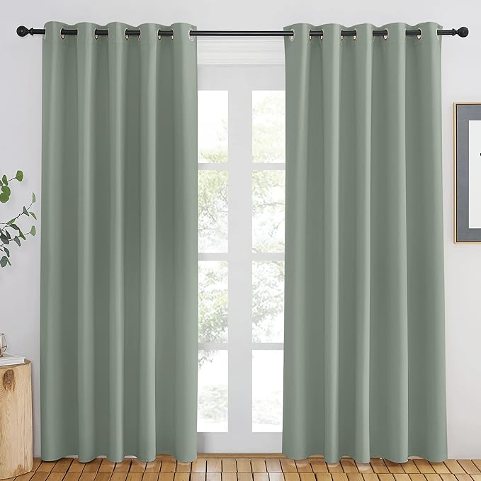 NICETOWN Blackout Sage Green Curtain for Windows 84 inch Long - Thermal Insulated Solid Grommet Room Darkening Drape Sound Reducing for Bedroom/Living Room (1 Panel, W66 x L84) - Image 2