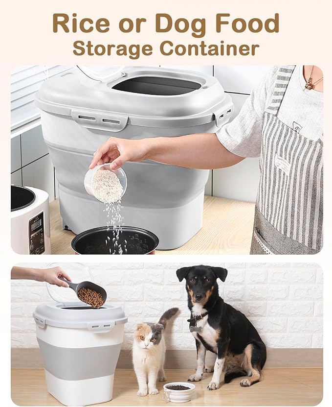 20-50 Lbs Food Storage Container With Wheel, Airtight Locking Lid, Collapsible Rice Container, Flour Storage With Small Container and Scoop, Suitable for Pet Food - Image 7