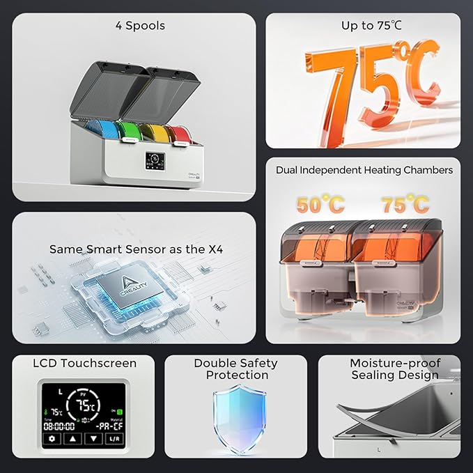 Creality Filament Dryer Box 4 Spools, Space Pi X4L Filament Storage Box, 200W PTC Heats Up to 75°C, Fast Drying Dual Heating Chambers, Moisture-Free Storage, for PLA, PETG, TPU, ABS - Image 2