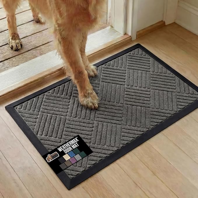 GORILLA GRIP 100% Waterproof All-Season WeatherMax Doormat US Designed Natural Rubber, Stain Fade Resistant, Low Profile Indoor Outdoor Door Mats, Easy Clean, 17x29 Gray Diamond by GorillaGrip