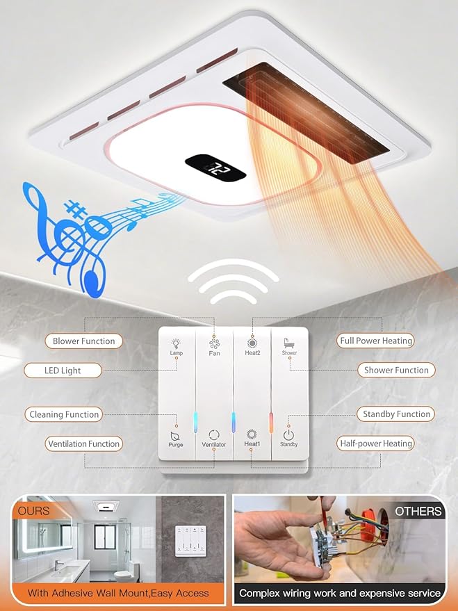 4 In1 Bathroom Exhaust Fan with Bluetooth Speaker & Heater 1800W, 180 CFM 1.0 Sone Bath room Exhaust Fan with LED Light-4 RGB Modes, Controller,Ventilation,Easy Install for Bathroom, Home - Image 6