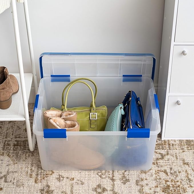 IRIS USA 60 Quart WEATHERPRO Plastic Storage Box with Durable Lid and Seal and Secure Latching Buckles, 3 Pack, Weathertight, Keep Pest Dust and Moisture Out, for Oversized Bulky Items, Clear/Blue - Image 6
