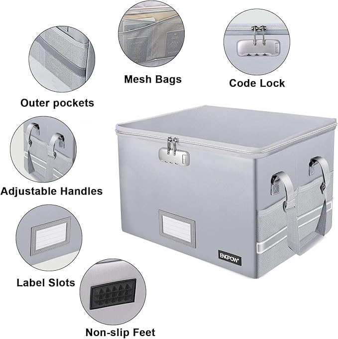 ENGPOW File Box with Lock, Fireproof Document Box with Zipper＆Pockets, Collapsible File Organizer Filing Storage Cabinet with Handle, Portable Home Office Safe for Hanging Letter/Legal Folder,Silver - Image 6