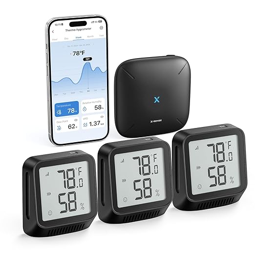 X-Sense WiFi Thermometer Indoor Hygrometer, Digital Temperature Sensor with App Notification Alerts, Temperature Humidity for Room, Data Storage Export at No Charge, 3 Sensors & 1 Base Station, Black by X-Sense