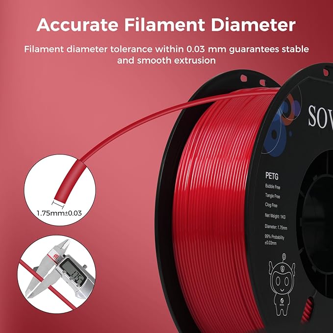 Sovol 3D Printer PETG Filament 1.75mm 1KG (2.2lbs), High Precision, Strong Toughness, Wiring Tightness, Dimensional Accuracy +/- 0.03 mm, 3D Printing PETG Filaments, Red - Image 6