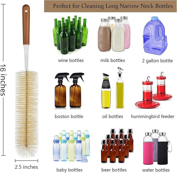 ALINK 5-Pack Bottle Brush Cleaner - Extra Long Bamboo Handle Water Bottle Straw Cleaning Brush for Washing Narrow Neck Beer Wine Decanter, Sports Bottle, Thermos, Flask, Jug - Image 2