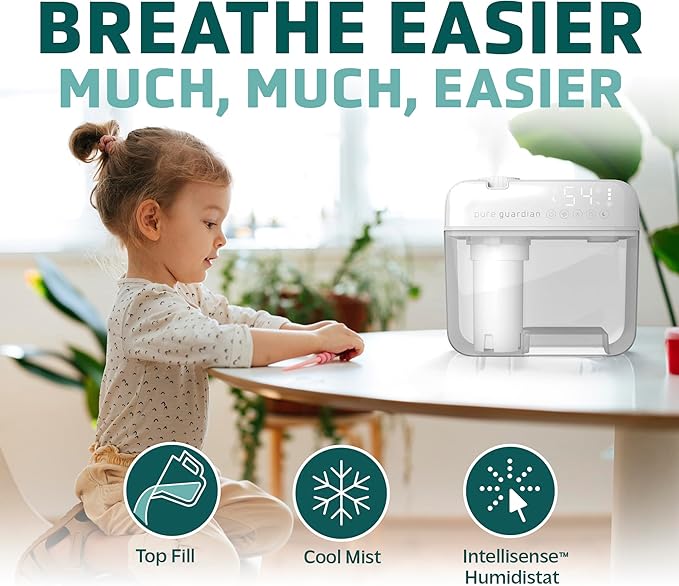 PureGuardian 1 Gallon, Cool Mist Ultrasonic Humidifier, 48-Hour Run Time, Coves 410 Sq. Ft., Humidistat, Timer, Filter Free for Bedrooms, Offices, Home, White, H1050W - Image 3