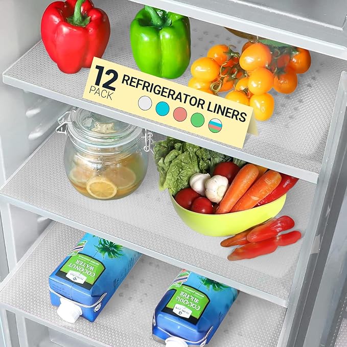 Refrigerator Liners for Shelves (12 Pack) by Linda’s Essentials - Non-Adhesive Shelf or Drawer Liner, BPA-Free Fridge Mats for Kitchen & Cabinets, Easy to Clean, Ideal Household Essentials (Clear) by LindasEssentials