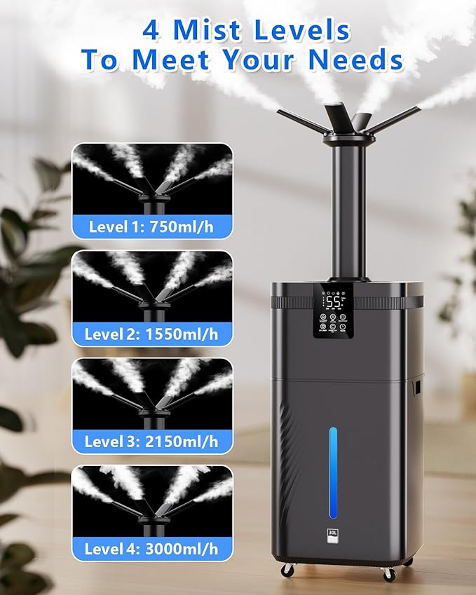 30L/7.93Gal Commercial Humidifier Large Room 4200 sq.ft, Whole House Humidifiers 3000ml/H Mist Output, Cool Mist Industrial Humidifiers for Home, Plants, Office, Warehouse, Greenhouse, Black - Image 7